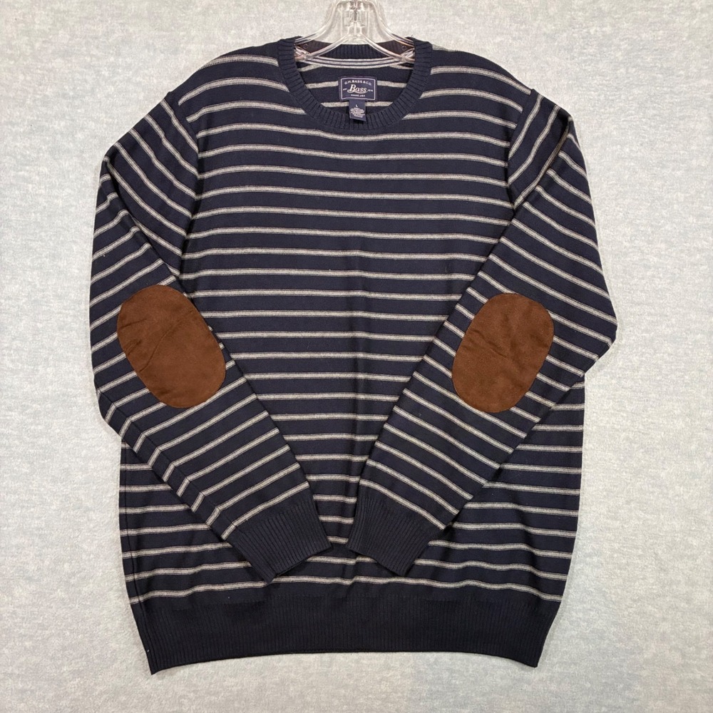 GH Bass Mens Large Navy Blue Grey Striped Sweater Elbow Patches Crewneck Knit